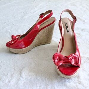 Red Bow Tie Open Toe Wedge Heel